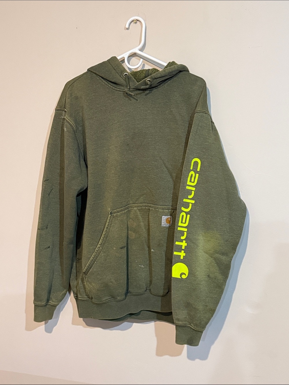 Carhartt Olive Green Crewneck Hoodie with Neon Yellow Sleeve Logo - Picture 1 of 5
